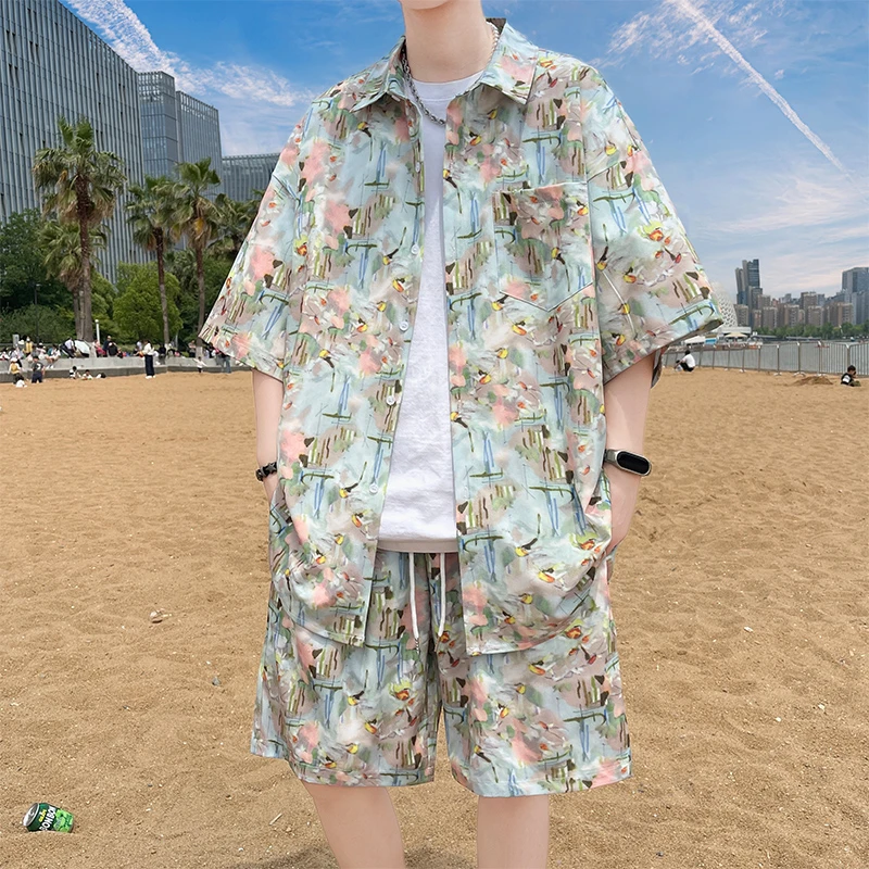 海边度假沙滩裤男士三亚旅行穿搭套装冰丝速干时尚男装短裤泳裤