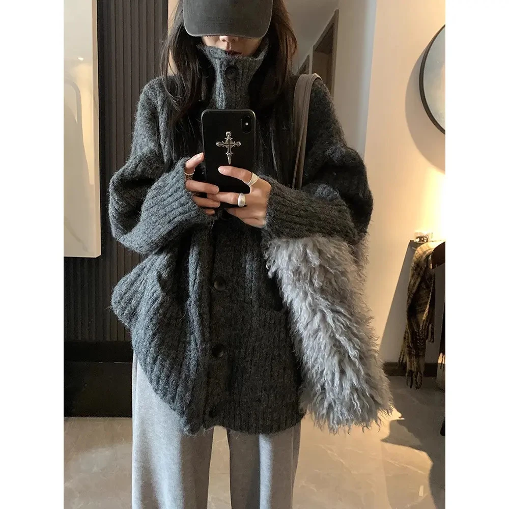 慵懒感高领纽扣毛衣外套女春秋加厚开衫 小香风气质网红针织时尚