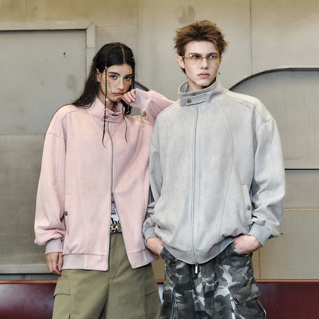 FORNINES仿麂皮绒刺绣立领夹克男女潮牌情侣装衣服春美式复古外套