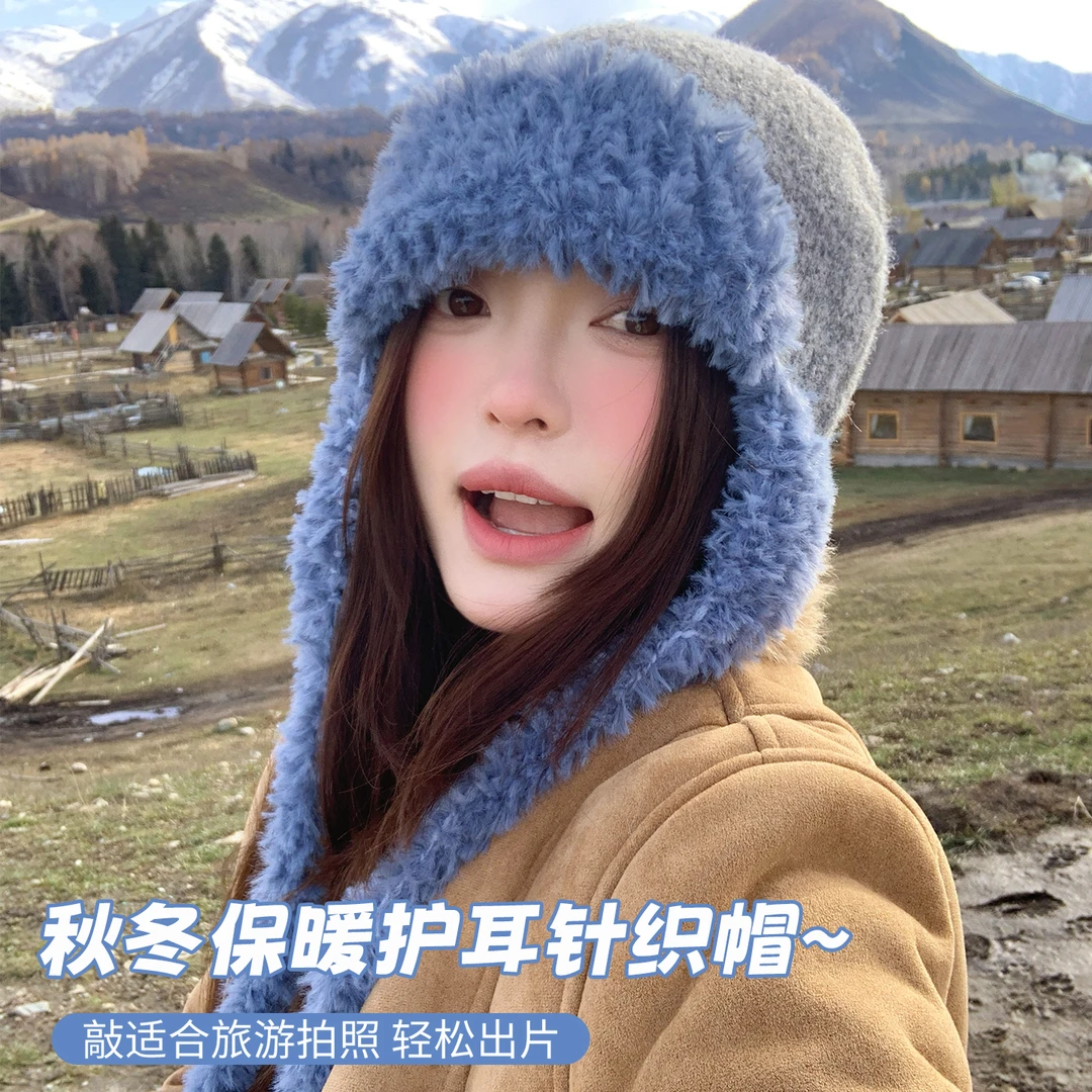 大头星球针织帽女款冬大头围护耳帽加厚毛绒毛线帽子