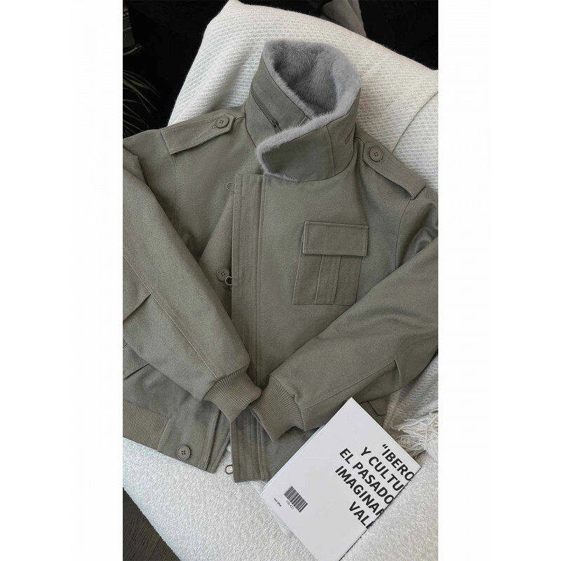 LIGGICC冬季新品美式复古工装加绒毛领保暖百搭立领夹克外套棉服