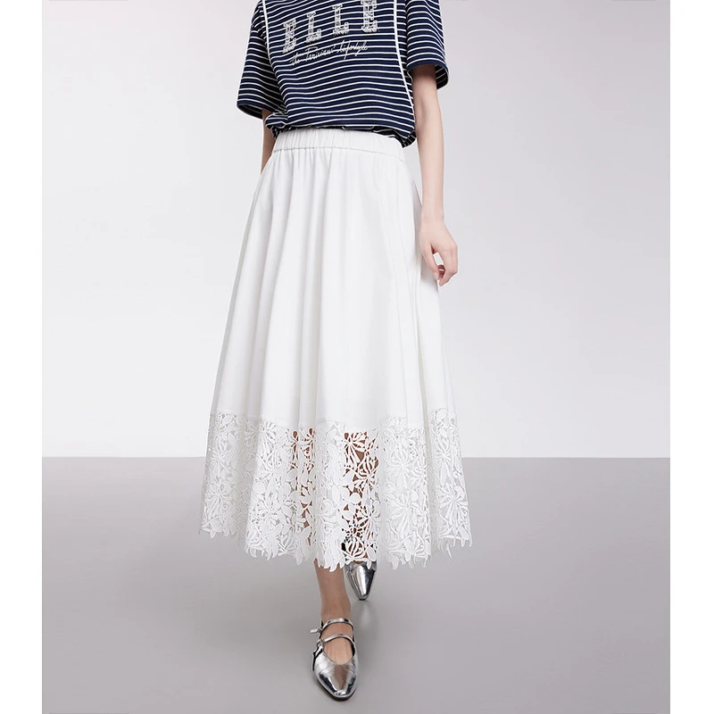 新款优雅气质显瘦白色拼接连衣裙蕾丝花边半身裙中长通勤夏季女性