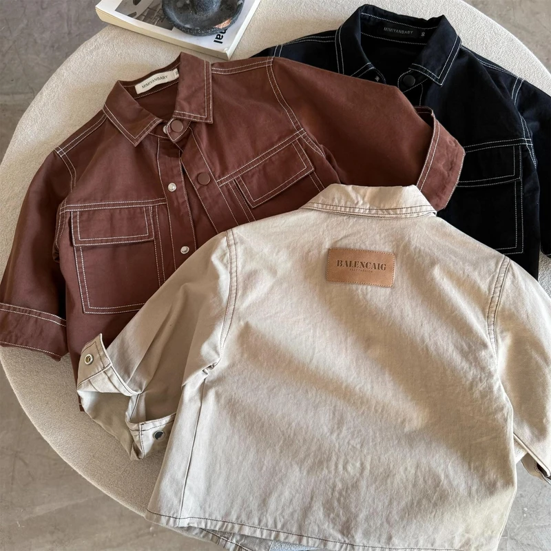 儿童衬衫2025春季新品男女童皮标棉布衬衫宝宝口袋衬衣外套