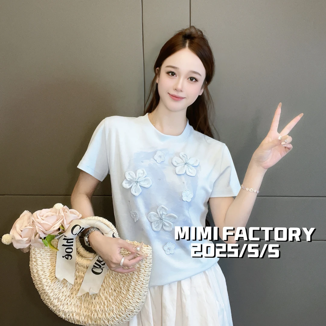 2025夏季新款 重工立体花钉珠短袖修身T恤女显瘦上衣3926#