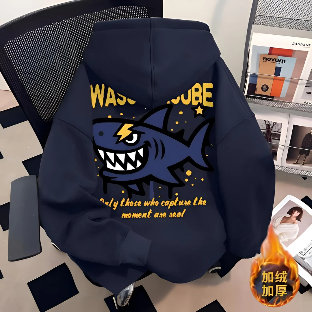 美式oversize潮牌高街炫酷舒适连帽鲨鱼印花卫衣男秋冬百搭情侣衫