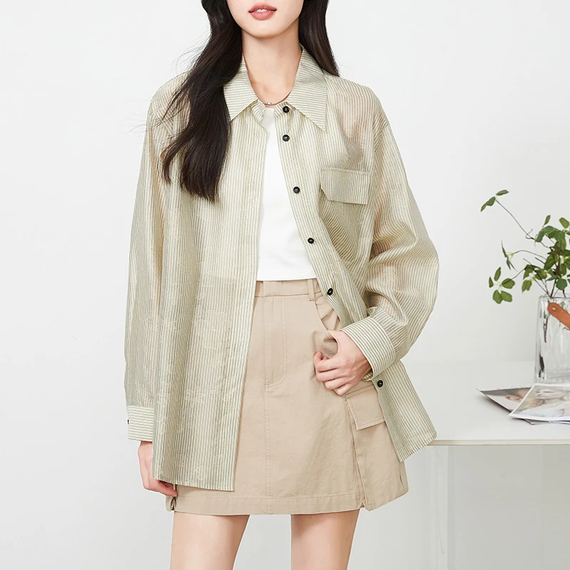 【逸阳断码清仓】轻薄暗花条纹衬衫女夏季新款舒适宽松防晒长袖上衣