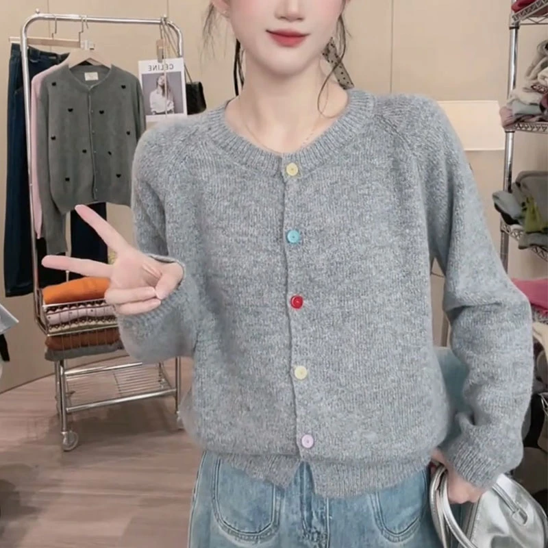 彩色纽扣针织开衫外套女2025新款韩系早秋穿搭软糯灰色毛衣女外穿