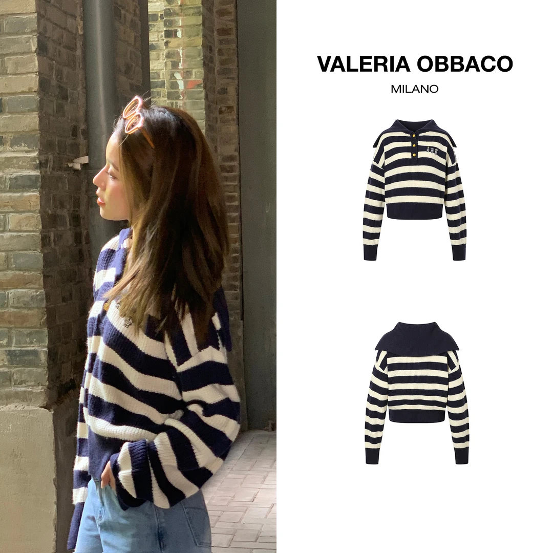 VALERIAOBBACO/瓦莱丽娅 奥贝科黑白创意系列海军领蓝白条纹毛衣