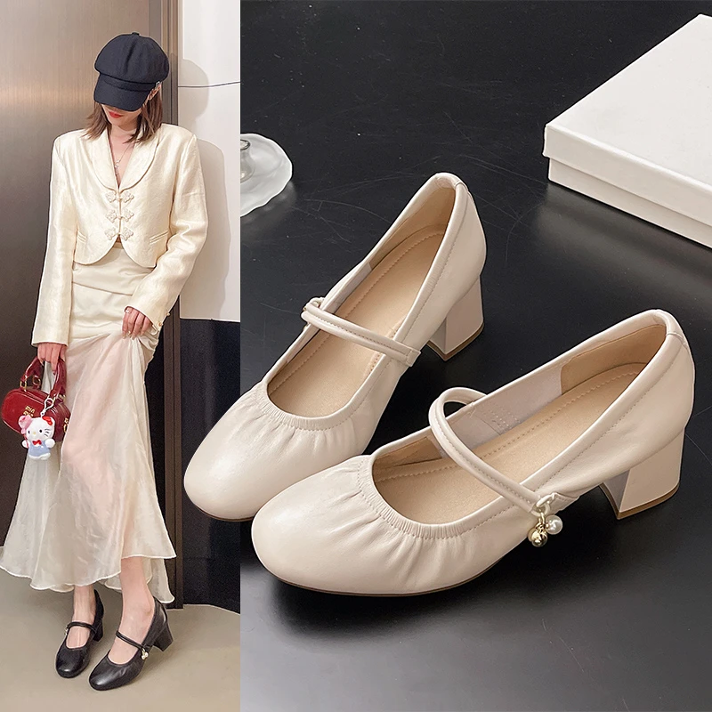 5CM头层羊皮粗跟单鞋春夏季新款里外真皮明星同款网红鞋子气质