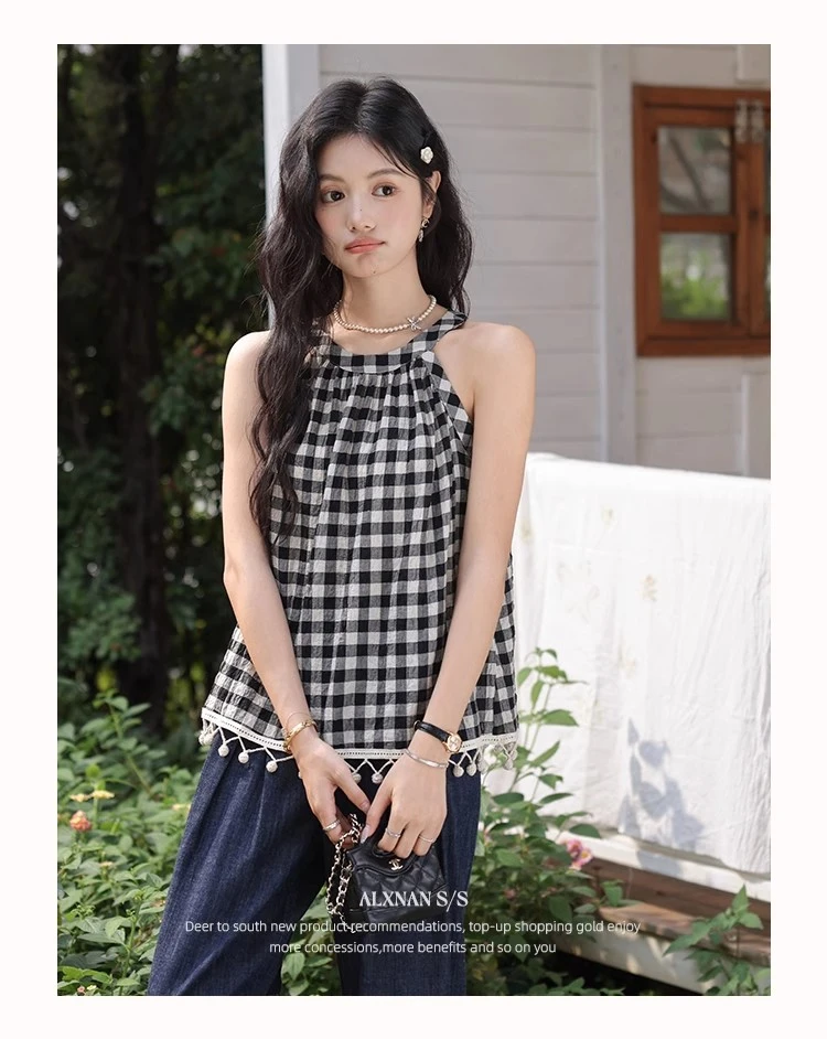 鹿向南「粉丝福利」黑色格纹挂脖背心吊带女夏季新款时尚宽松上衣