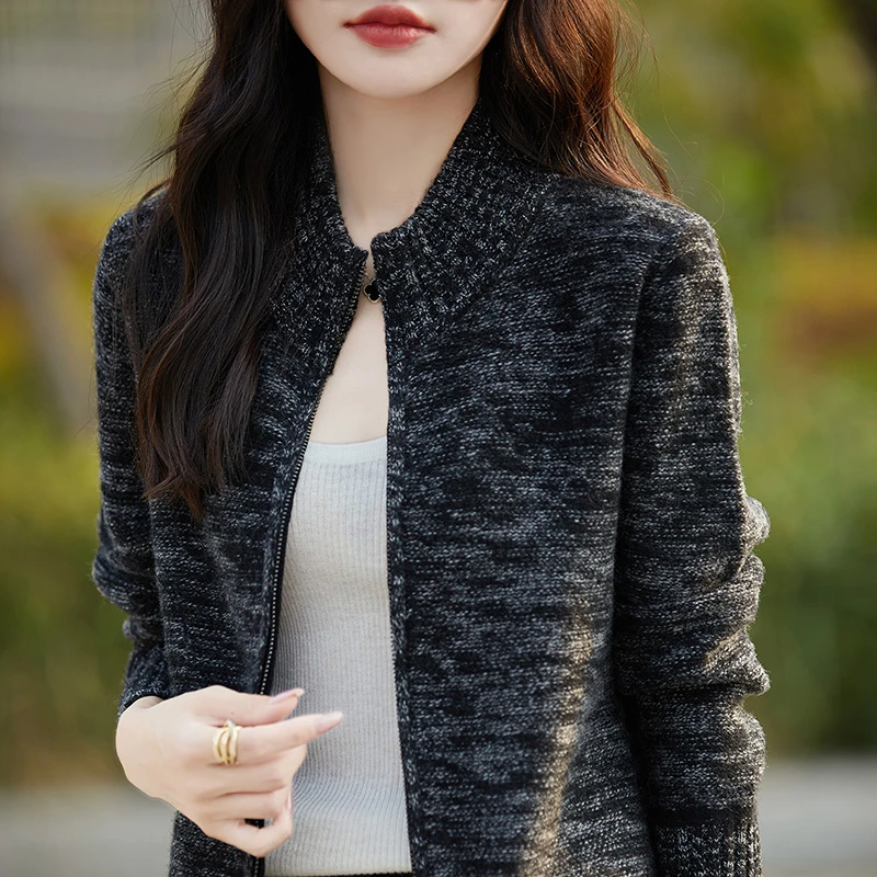 七针加厚立领100羊毛衫花纱拉链宽松保暖后外套针织衫女冬季新款P