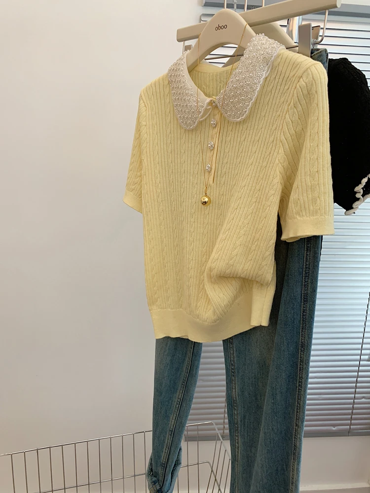黄色polo领小衫针织短袖t恤女士短款正肩直筒显瘦气质多巴胺上衣