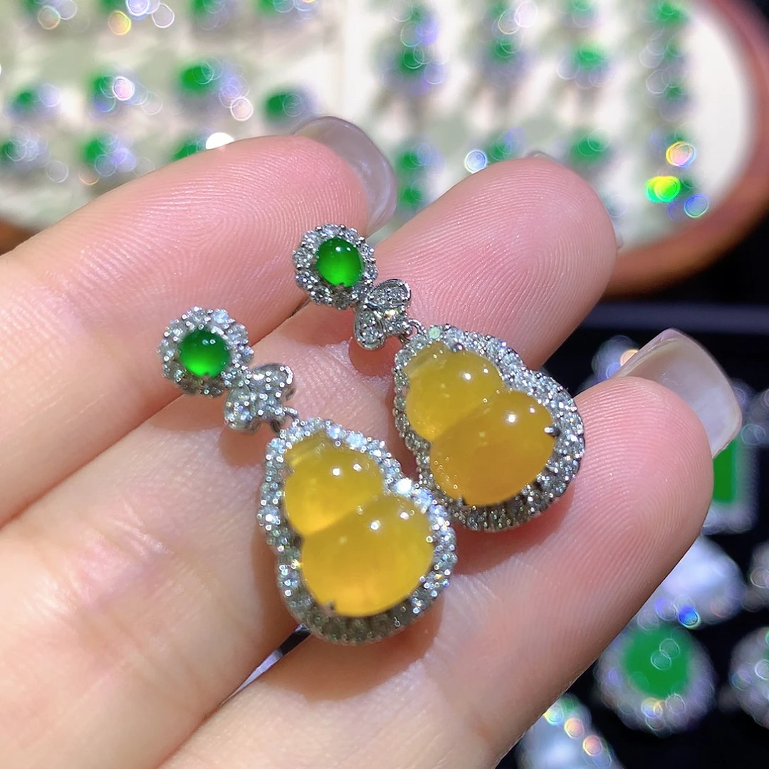 翡翠18K金镶嵌耳饰高冰黄翡