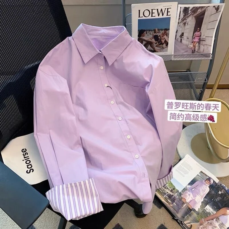 春装新款polo领时尚条纹拼接衬衫女士长袖洋气中长款衬衣外穿上衣