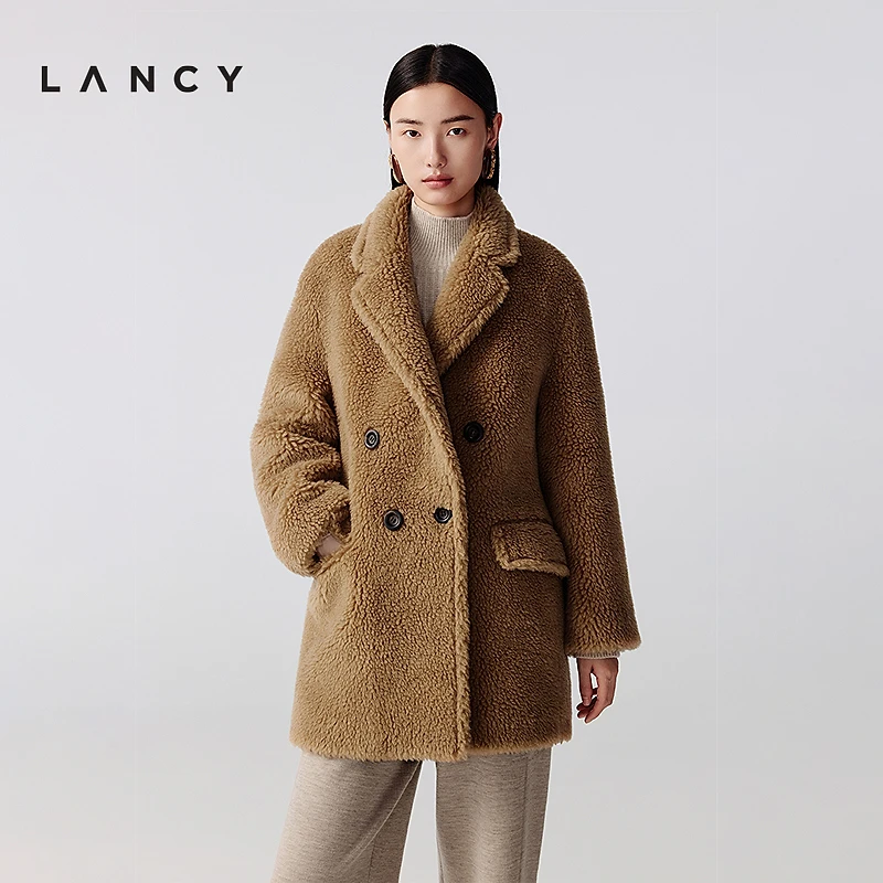 LANCY/朗姿时尚双排扣颗粒毛呢大衣高级感翻领外套女保暖秋冬