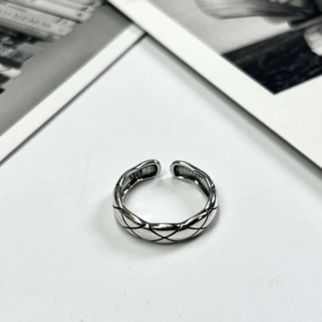 925银戒指 复古中性设计感s925纯银菱格纹开口纯银戒指小众款