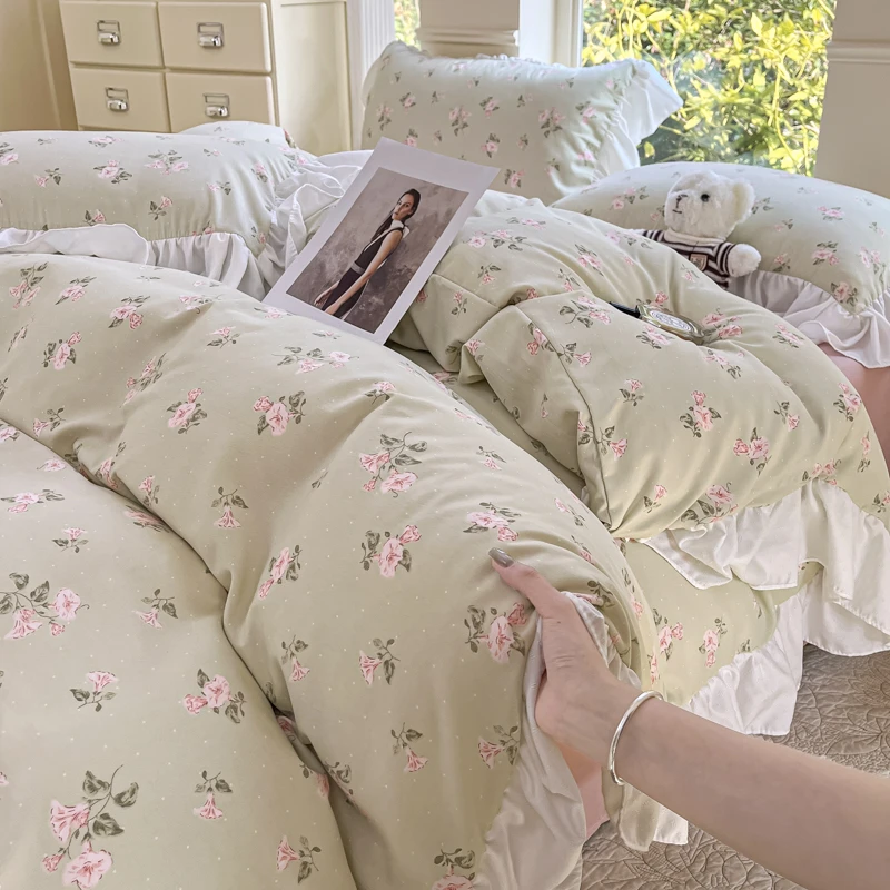 2025新款有氧针织棉双层纱韩版提花大花边公主风印花四件套