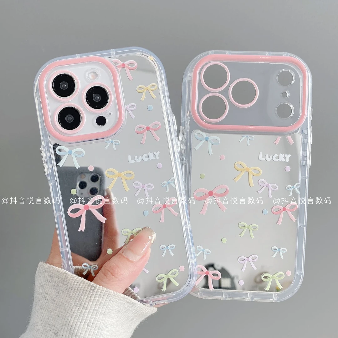 镜面奶油壳适用iphone17promax苹果16手机壳15/14/13华为潮蝴蝶结