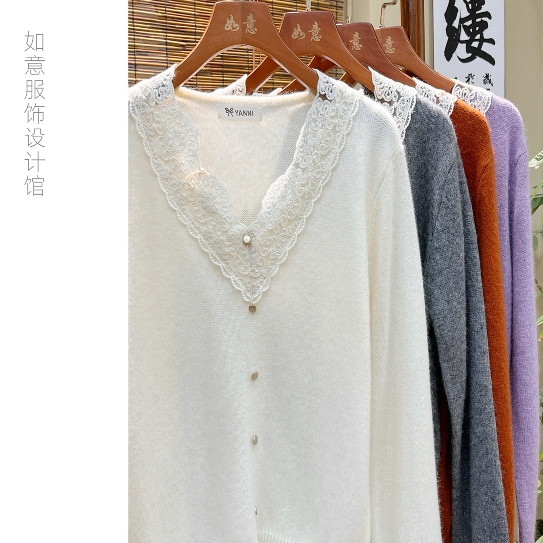 如意馆【 V领毛衣 】秋季新款时尚v领蕾丝边套头毛衣