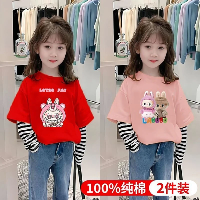 纯棉卡通布偶系夏季2025新款长袖圆领t恤卡通男童女童卡通假两件t