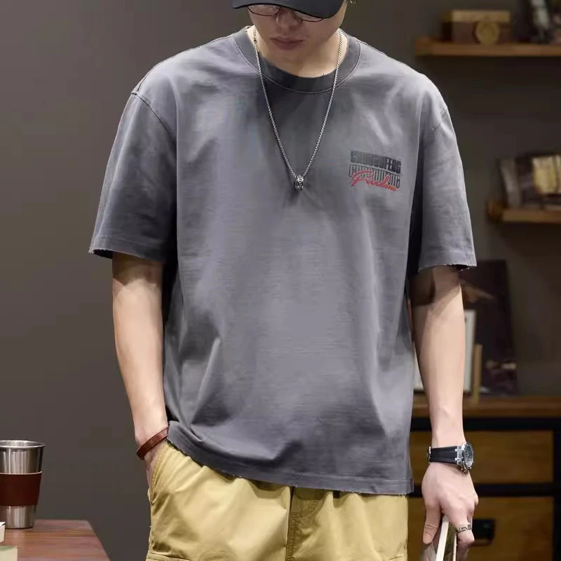 LEIGHZ/雷茨美式潮牌复古做旧短袖T恤男士宽松休闲印花重磅上衣男