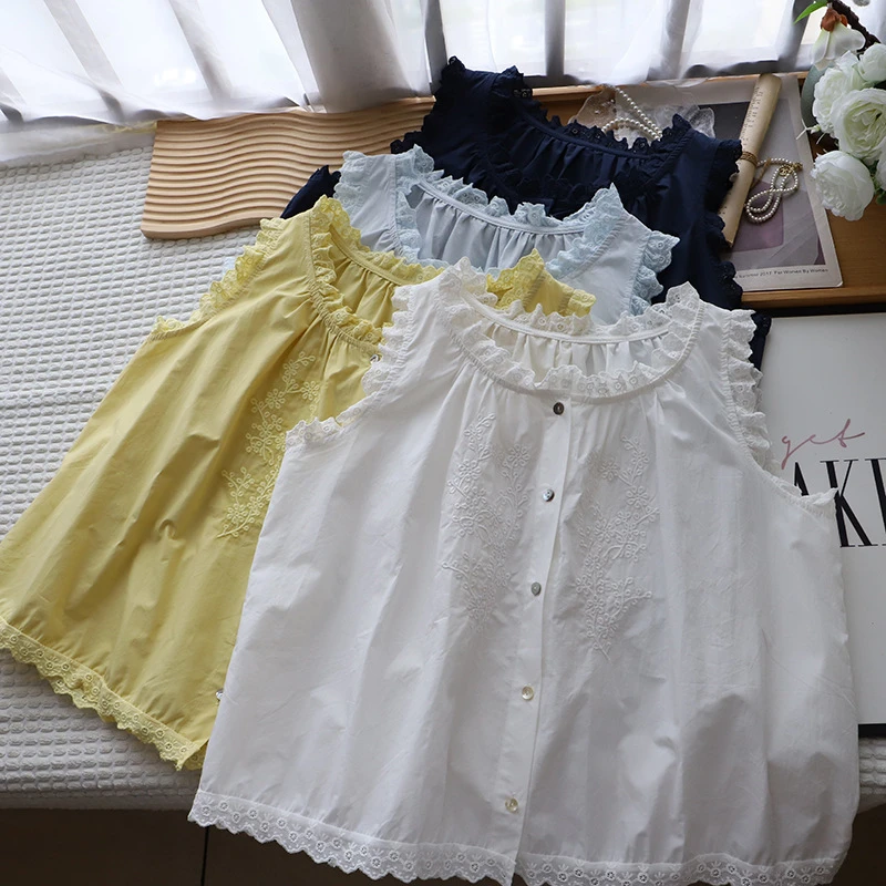 韩版甜美夏季新品减龄蕾丝花边刺绣宽松短款无袖衬衫女薄款