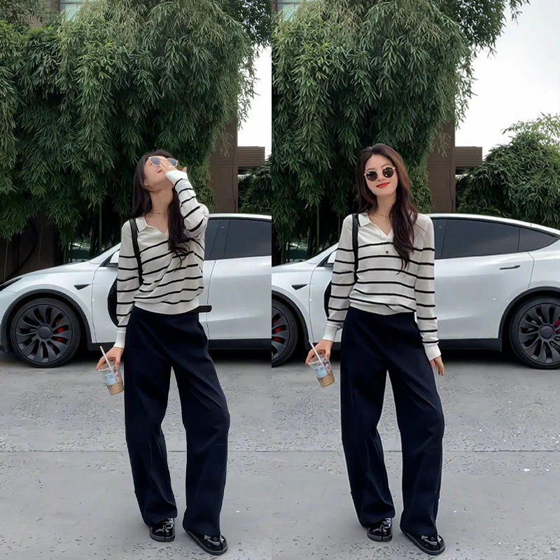 2025秋季新款设计感一整套条纹长袖POLO领上衣女休闲阔腿裤两件套