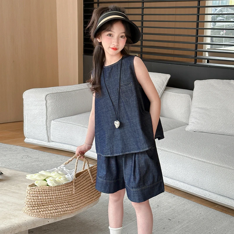 女童夏季无袖牛仔套装2025新款6-12岁15中大童网红洋气潮款两件套