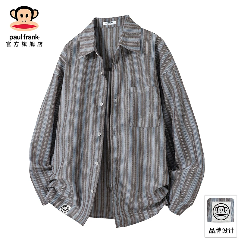 paul frank/大嘴猴条纹撞色衬衫男2025秋冬新款翻领休闲宽松衬衣