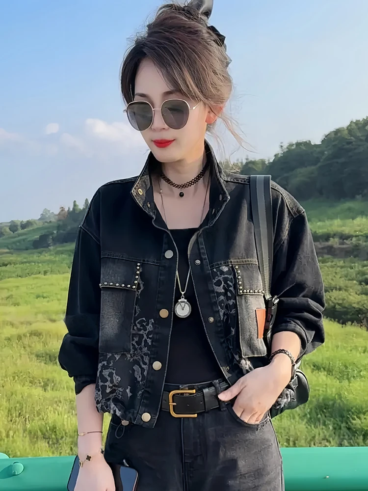 时尚豹纹拼接牛仔外套女2025年秋季新款韩版休闲百搭短款夹克上衣
