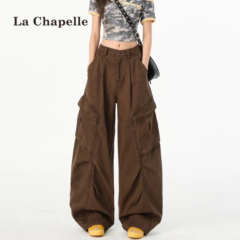 拉夏贝尔美式工装牛仔裤女春秋季2025新款多口袋宽松阔腿拖地裤子