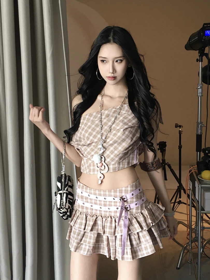 6NE 美式复古格纹露肩上衣百褶裙套装女夏辣妹显瘦百搭纯欲两件套