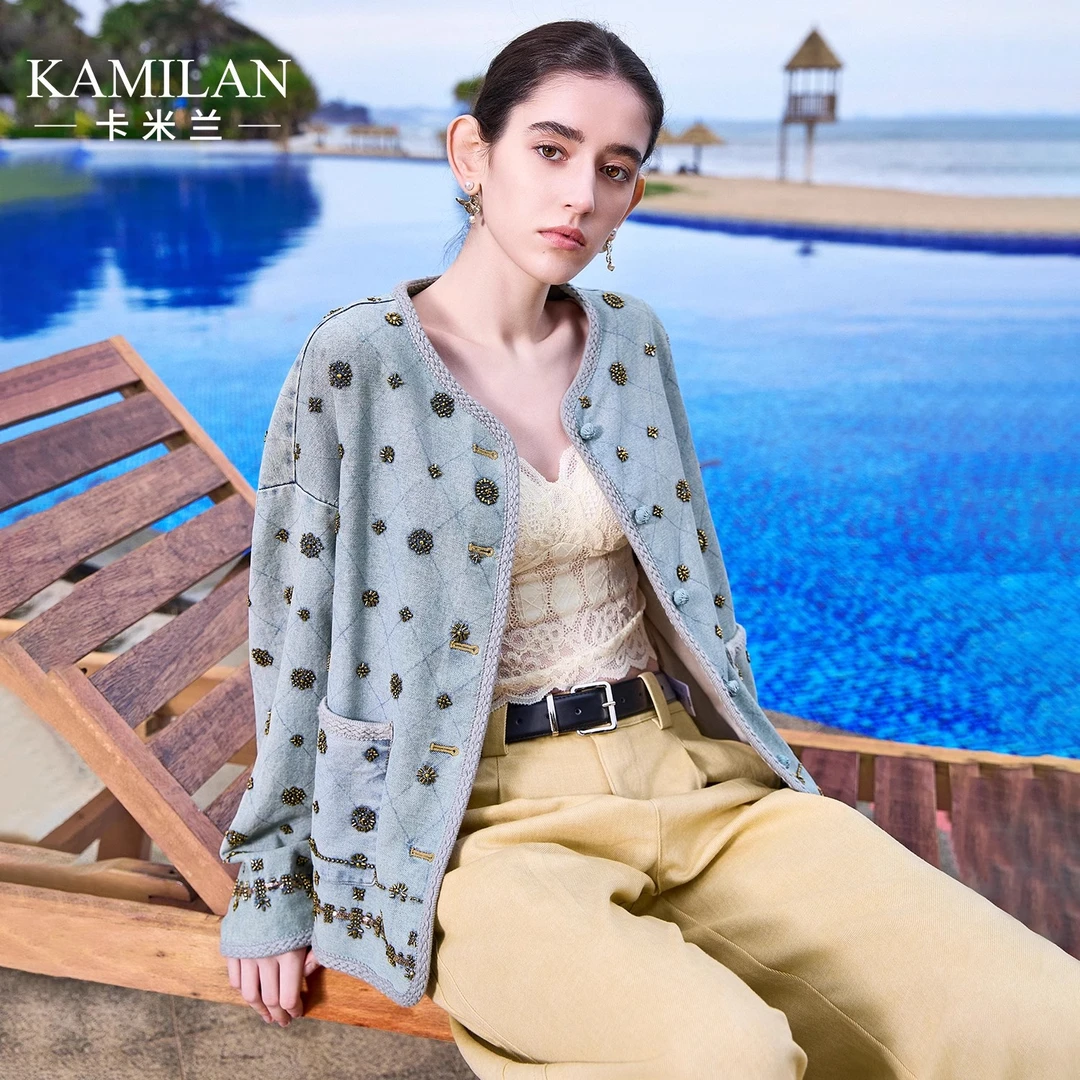 卡米兰重工钉珠小香风外套女2025年春季新款时尚百搭宽松长袖上衣