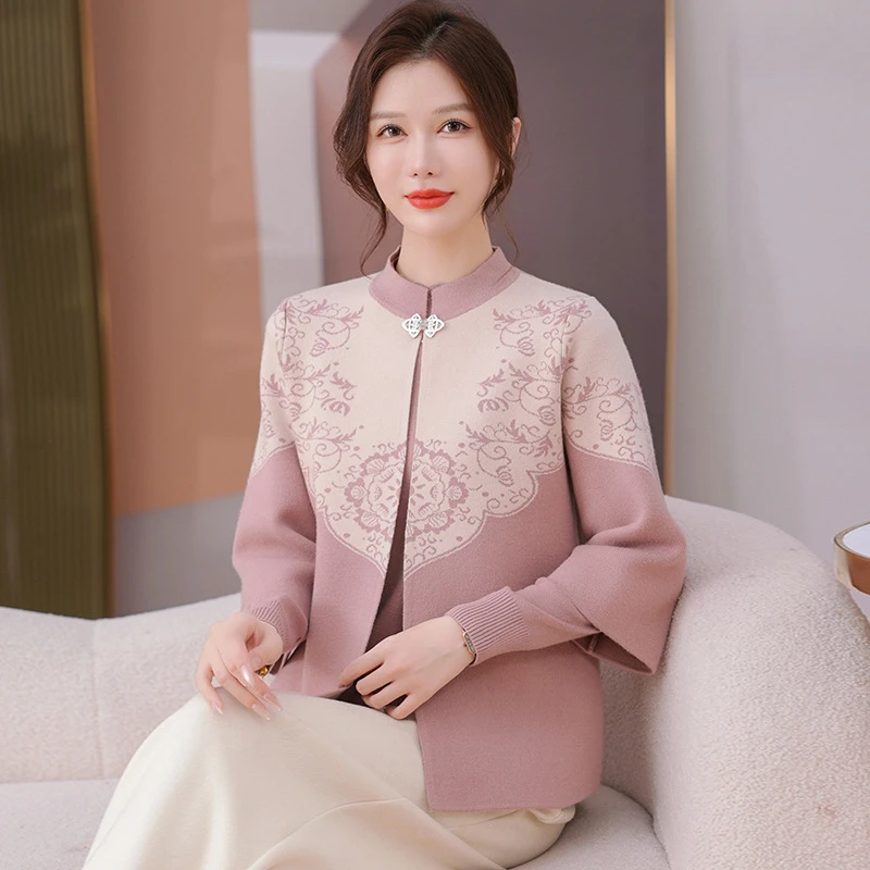 妈妈秋装外套女洋气针织套装2025新款中老年女装秋冬上衣两件套厚
