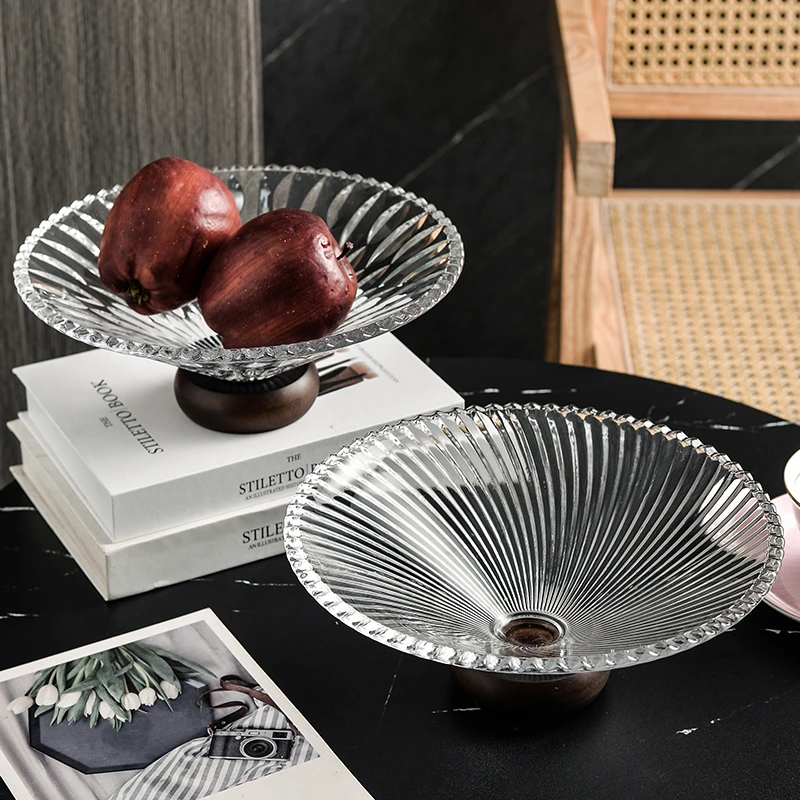 实木底座水果盘客厅家用高级感玻璃果盘前台糖果零食摆放高脚托盘