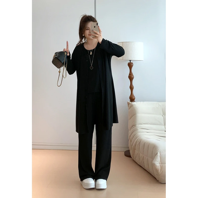 【胖佳佳】任意出街 宽肩带背心长袖开衫休闲裤三件套H624A15312