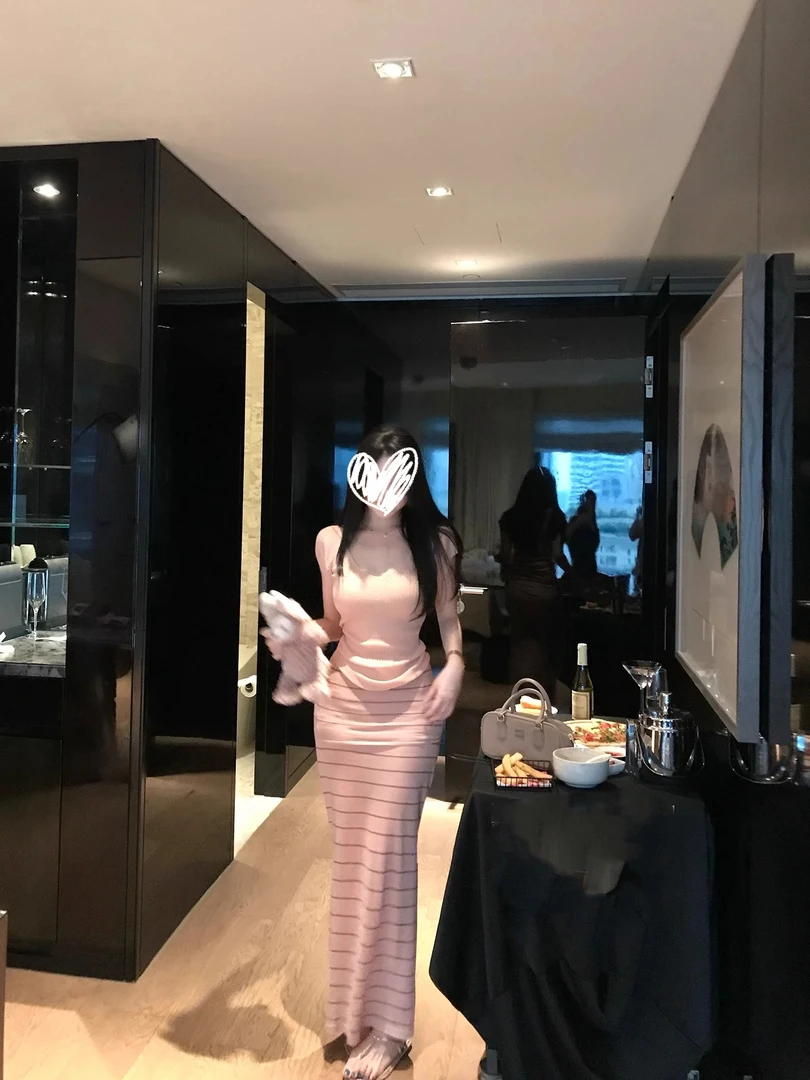 【娇养韩女】纯欲条纹套装夏短袖T恤上衣鱼尾包臀半身裙长裙两件套