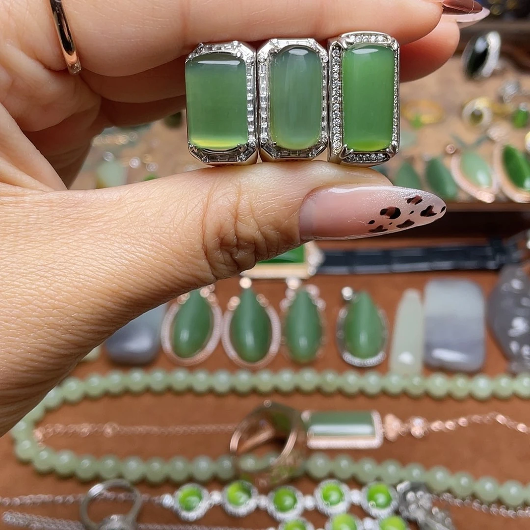 和田玉（碧玉）银S925镶嵌吊坠(不含链)戒指，3选1