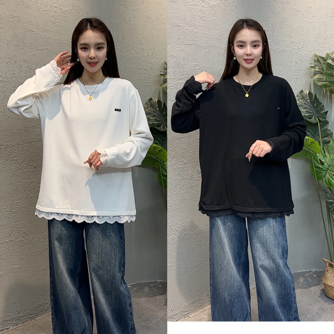CXJ89183秋冬新款蕾丝拼接百搭长袖T恤打底衫女