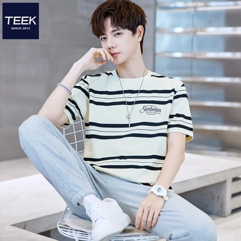 圆领t恤男生撞色条纹上衣2025美式潮流男士男士t恤衫短袖