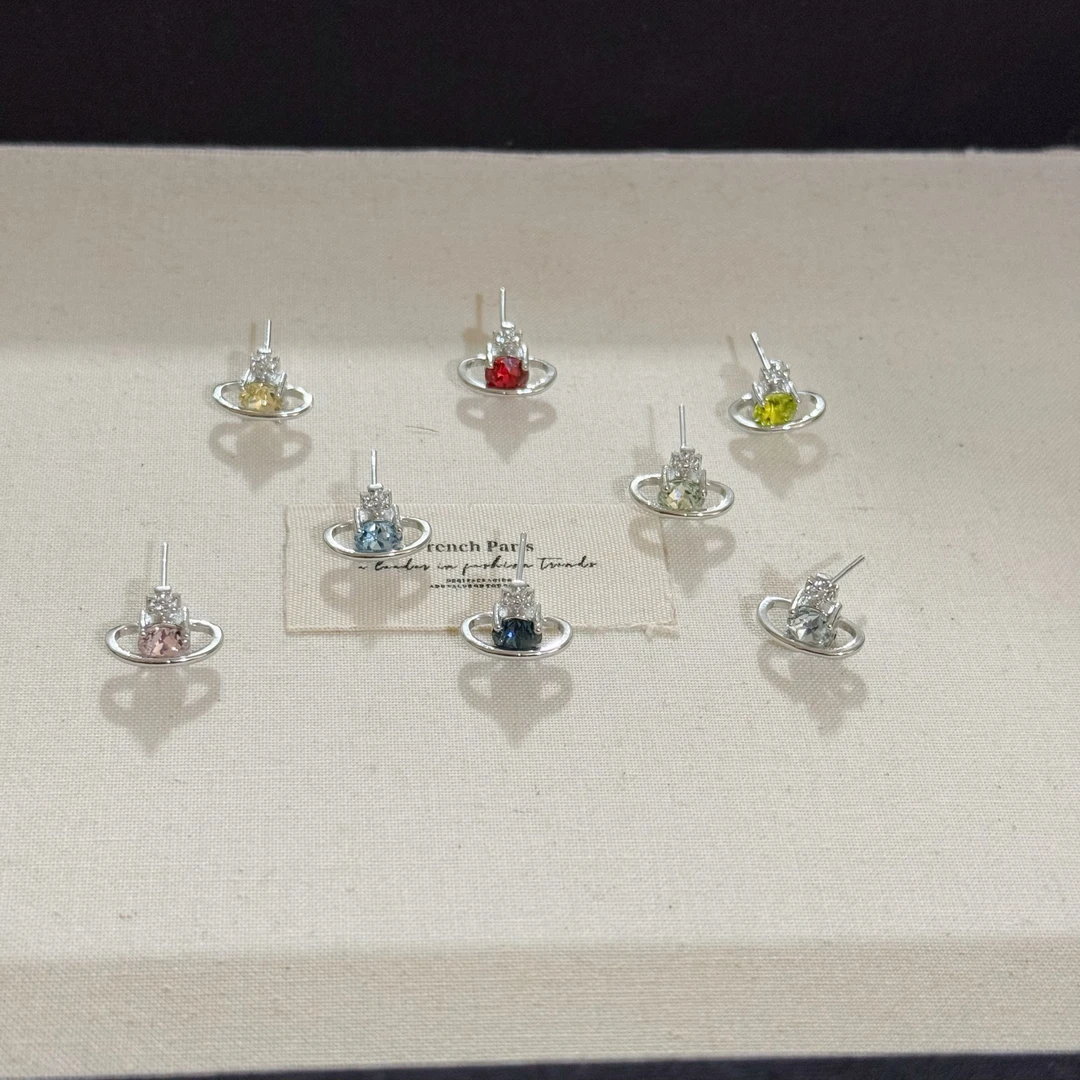 铜合金锆石耳饰 环游星球土星耳钉饰品爆闪多色直针款银针 小众