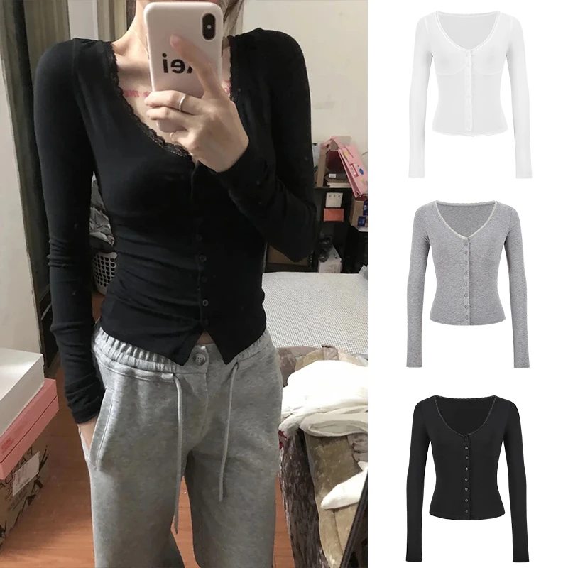 Moses Queen/魔西女王美式辣妹V领蕾丝长袖开衫春季掐腰显瘦上衣