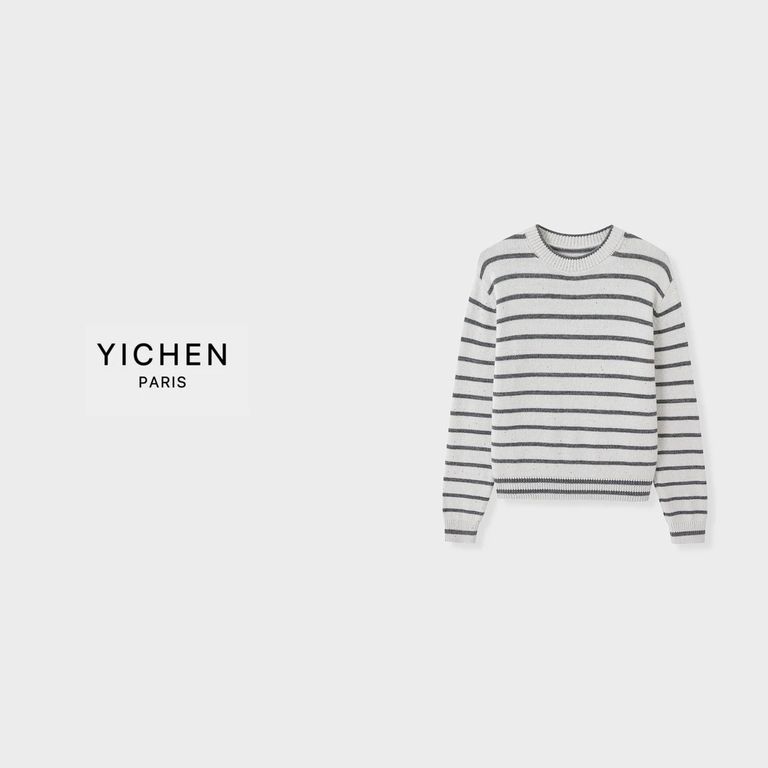 YC 灰白横条纹亮片纱圆领休闲针织毛衣-2812