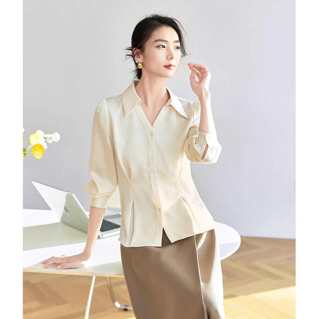 OSA/欧莎 【流光风】通勤V领雪纺衫衬衣女上衣长袖S124A17012