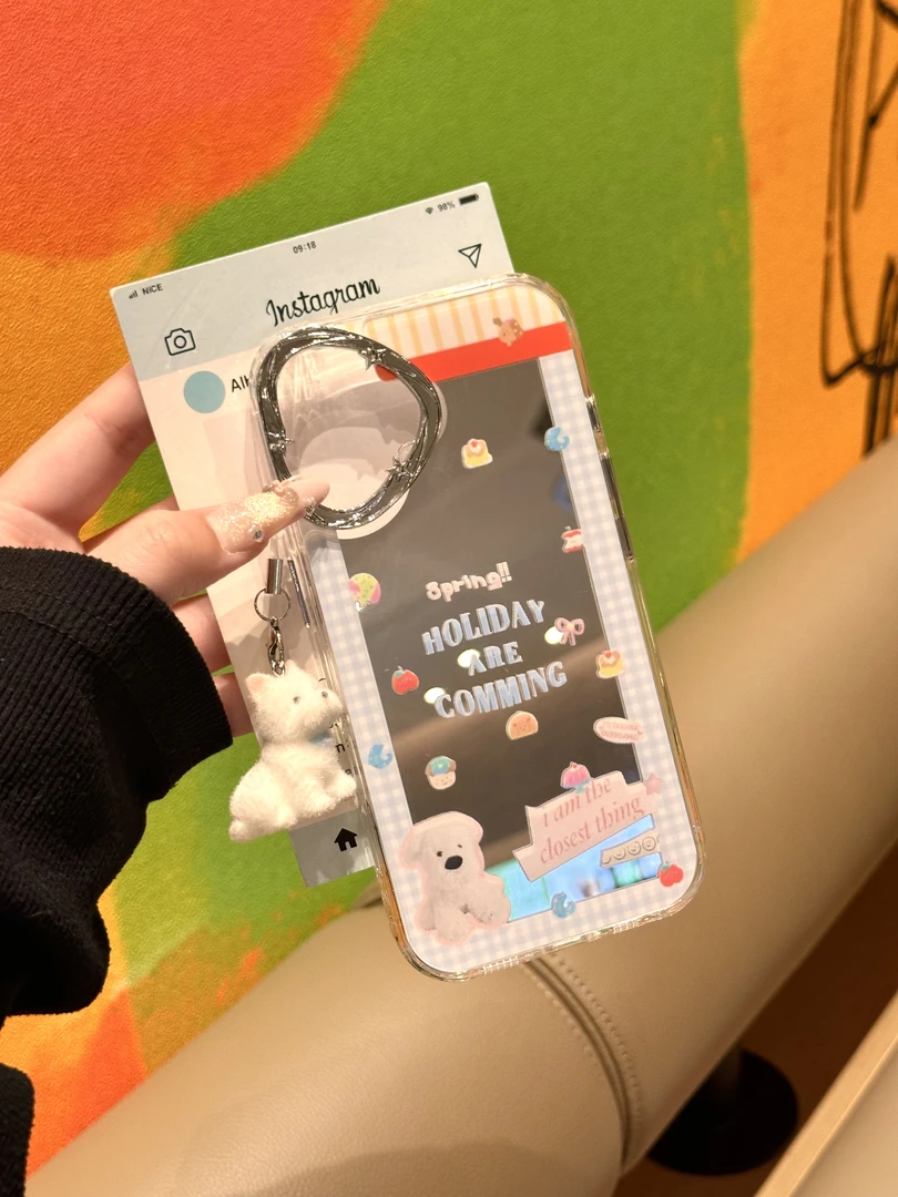 ins韩风蓝格纹围边小狗适用于iPhone16Promax手机壳苹果15p可爱14