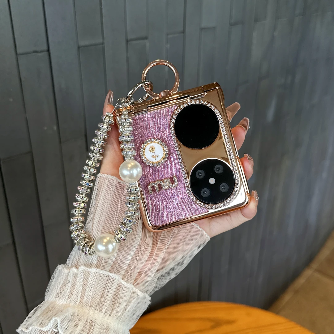 适用华为p50 pocket 2手机壳折叠屏粉色水波纹闪粉轻奢全包保护套