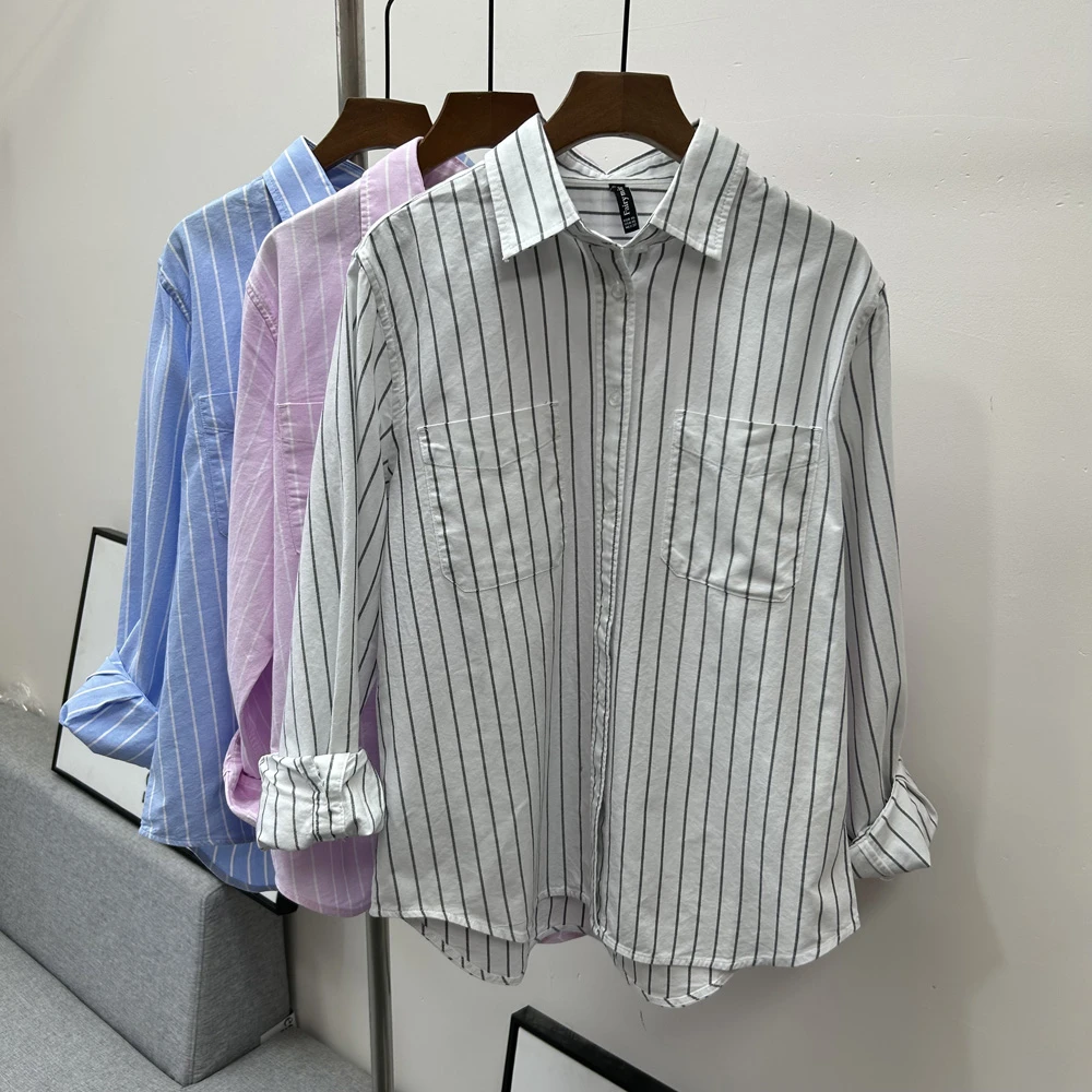中长款全棉翻领简约中长款条纹衬衫女长袖衬衣