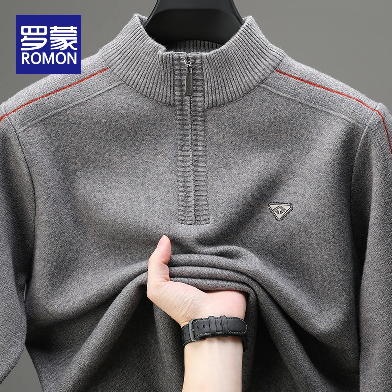 罗蒙男士毛衣高档半高领拉链条纹休闲百搭男款商务保暖男装打底衫