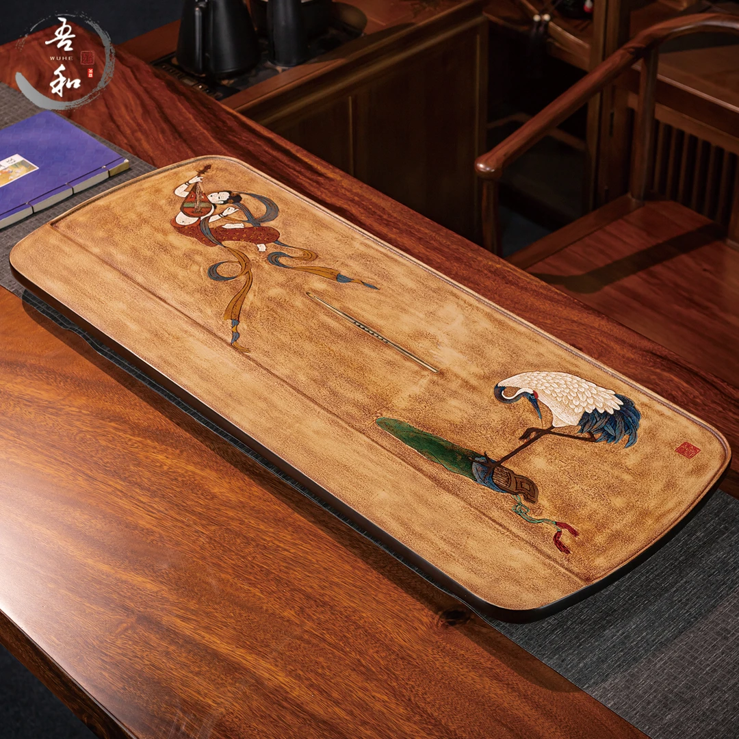 吾和漆器茶具福州大漆飞天女神1米茶盘 电木仙鹤琴声干湿两用茶台