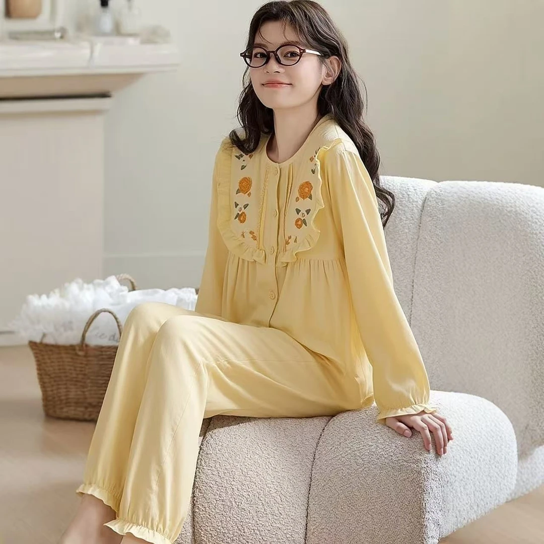 新款日系甜美风纯棉纱长袖长裤睡衣女士春秋薄款家居服套装可外穿